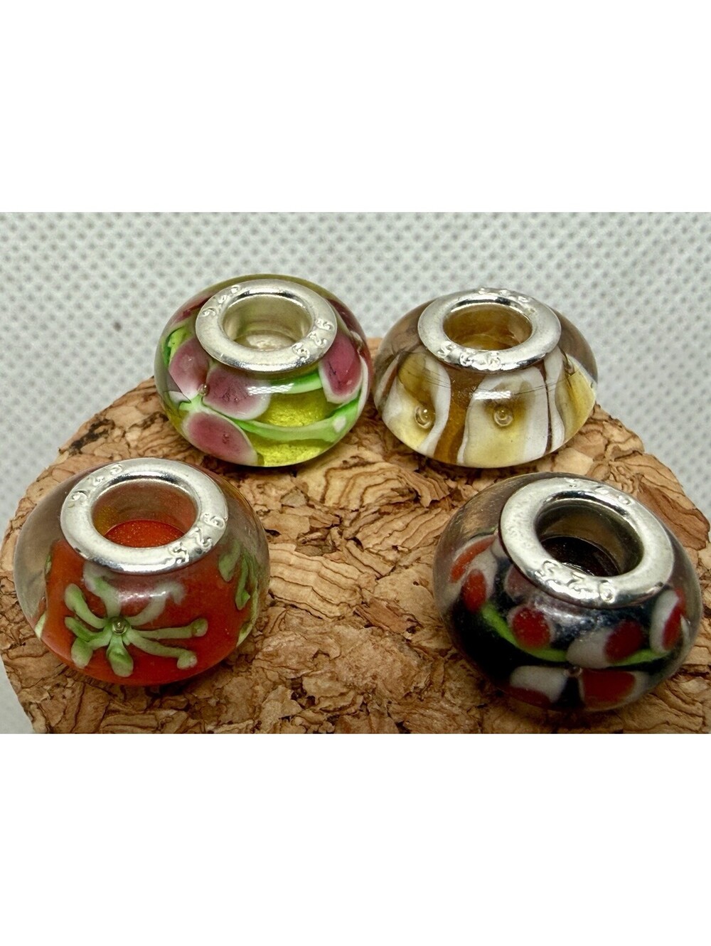 Lot of 4 Murano Glass Beads Charms - 925 Sterling Silver Cores - Floral
